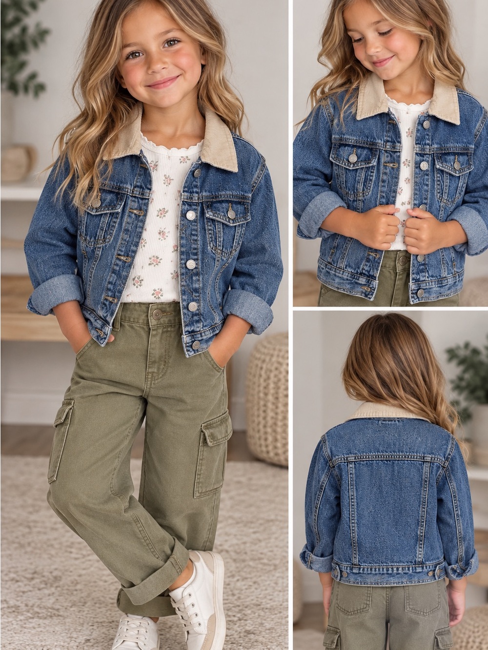 Gap Girls' Blue Denim Barn Jacket with Cream Corduroy Collar. Size 5-7